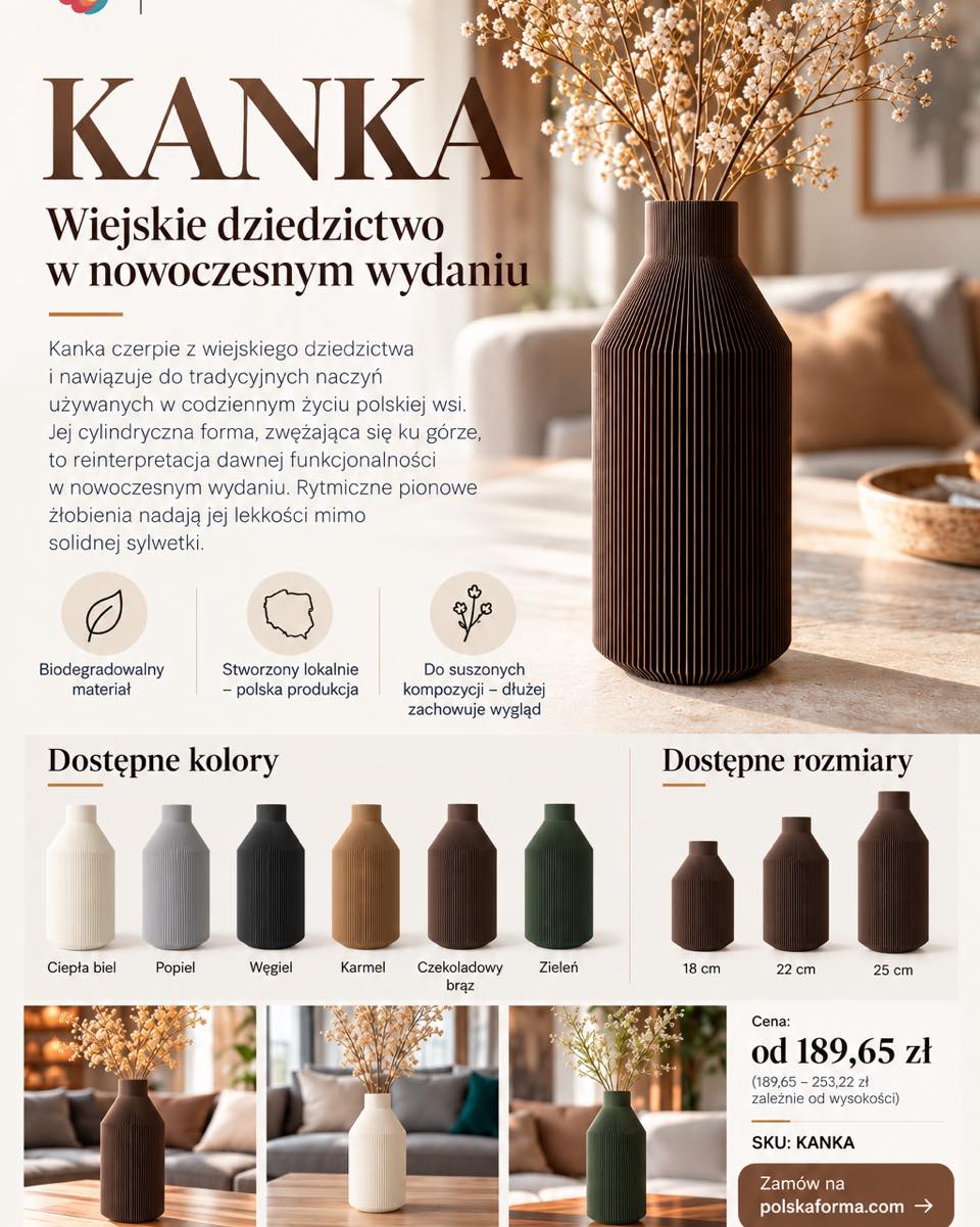 Kanka czerpie z wiejskiego dziedzictwa – nawiązuje do tradycyjnych naczyń używanych w codziennym życiu polskiej wsi.